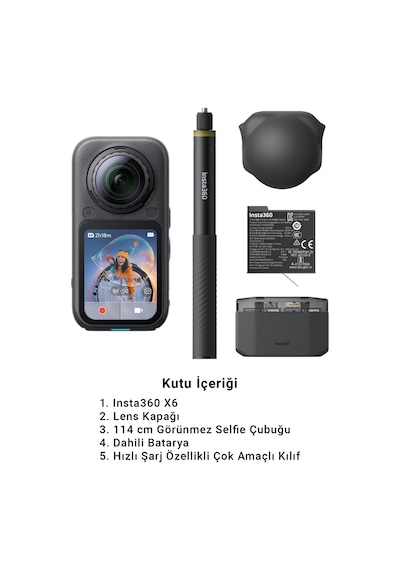 Insta360 X6 Essentials Bundle 8k 50 Fps 360 Aksiyon Kamerası, 2 Batarya, Hızlı Şarj Kutusu, 114 Cm Görünmez Selfie Çubuğu - Midnight Black Siyah