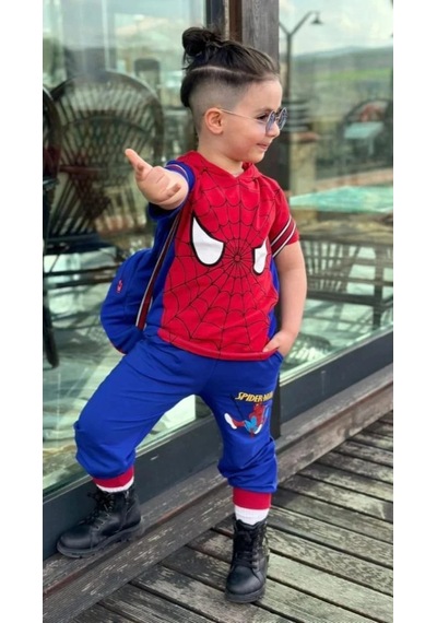Erkek Çocuk Spiderman Baskılı Kapşonlu Çantalı Üçlü Takım Mavi