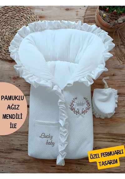 Bebek Battaniyesi Bebek Dış Kundağı Hastane Çıkışı Yenidoğan Özel Tasarım Hediyelik Unisex Ekru