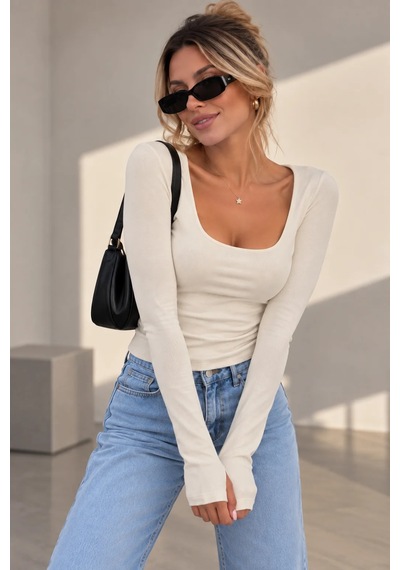 Bb Butik Basic Kadın Soft Touch Parmak Geçmeli Kare Yaka Body Mdk37 Beyaz