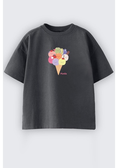 Monila Kız Çocuk Dondurma Baskılı Pamuklu T-shirt Antrasit