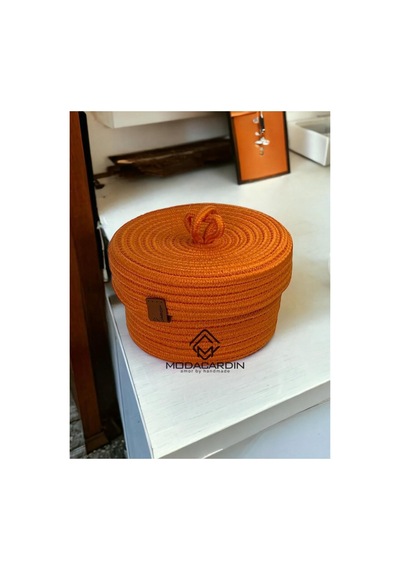 Hasır Jüt Sepet Oval Kapaklı Organizer Düzenleyici 30x20x10 Cm Turuncu Turuncu