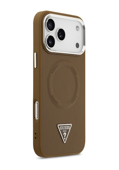 Apple Uyumlu iPhone 17 Pro Kılıf Guess Lisanslı M-safeli Pu Deri Metal Kamera Çerçeve Üçgen Logo Kapak Kahverengi Kahverengi