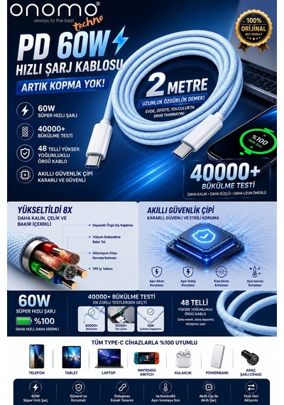 Techno 60w Hızlı Şarj 2 Metre Örgü Kablo Type c Kablosu Apple Uyumlu iPhone Samsung Xiomai Huawei