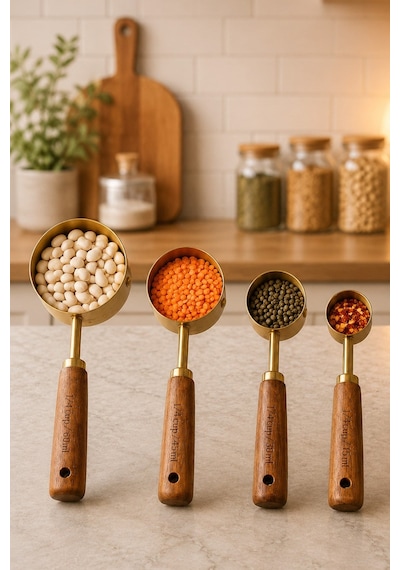 4lü Set Ml Ahşap Saplı Gold Kahve Ölçü Kaşığı Paslanmaz Çelik Kahve Çay Mama Ölçme Kaşığı Altın