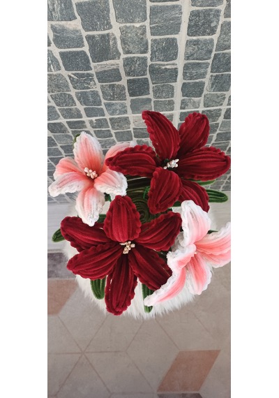 35 Cm- Saksılı Solmaz Yapay Çiçek - Geçmiş Olsun Çiçeği , Anneler Günü , Ev Hediyesi Beyaz - Bordo