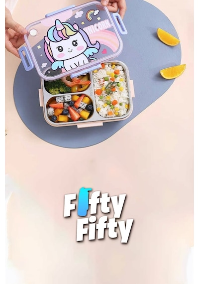 Vagonlife Bento 750ml Lunchbox Sevimli Dostlar Tek Katlı 3 Bölmeli Paslanmaz Çelik Sefer Tası Yemek Kutusu Mavi Dinozor Çok Renkli