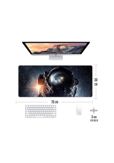 Uzay Ve Astronot Temalı Oyun Gaming Klavye Mouse Pad Masa Matı 70x30cm Kaymaz Kauçuk Taban Dikişli Kenar