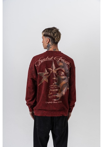 Respire Erkek Divided Baskılı Yıkamalı Bisiklet Yaka Oversize Sweatshirt Bordo