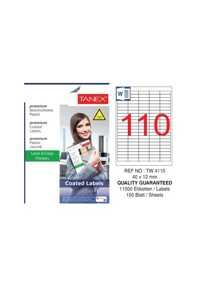 Tanex TW-4110 40x12mm Kuşe Laser Etiket 100 Lü Paket