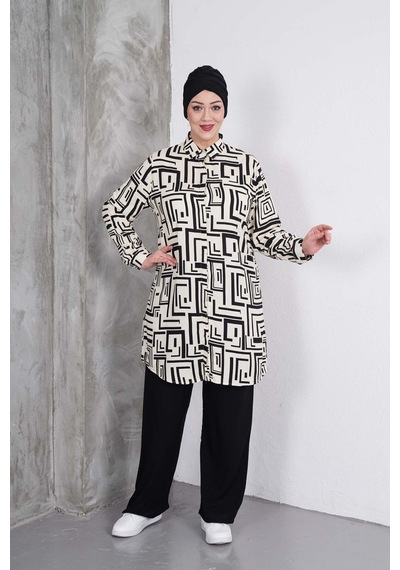 Polologin Butik Siyah Labirent Çizgili Tunik Ve Siyah Pantolon Takım Krem Siyah