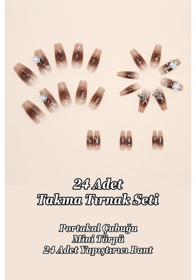 Kelebekli Küt Uzun Takma Tırnak 24 Adet Takma Tırnak Seti Z612 Kelebek Ve İnci