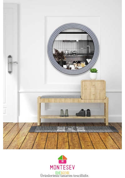 Zümrüt Ahşap Gümüş Yuvarlak Ayna Işlemeli Duvar Banyo Aynası 43cm Gümüş