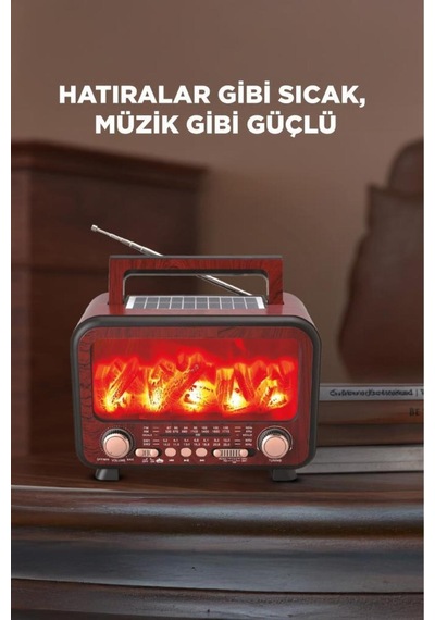 Şömine Görünümlü Solar Güneş Enerji Ahşap Nostalji Bluetooth Usb Sd Mp3 Radyo Müzik Kutusu