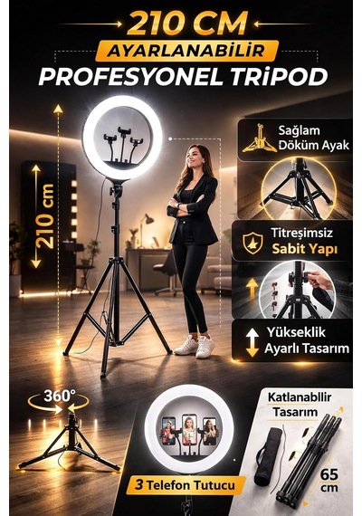 Ayrex 21 İnç 54 Cm Profesyonel Ring Light 210 Cm Ayarlanabilir Tripodlu, 3'lü Telefon Tutuculu, 3 Işık Modlu,