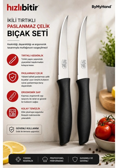 Bymyhand Paslanmaz Çelik Siyah Meyve Bıçağı Soyma Bıçağı Dilimleme Bıçağı 2'li Set