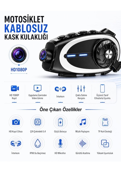 Q29 İntercom Kulaklık Kask Kulaklığı 1080p Hd Kameralı Hafıza Kart Takılabilir İntercom Desteği Mikrofonlu 5.4 .ift Çekirdekli Su Geçirmez Gürültü Azaltma Hafıza Kartı Dahil