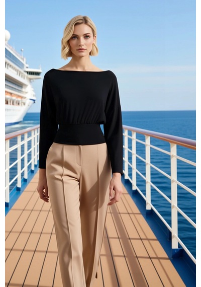 Benerly Kadın Örme Bluz Kayık Yaka Uzun Kol Fitted Kalıp Peplum Bel Detay siyah