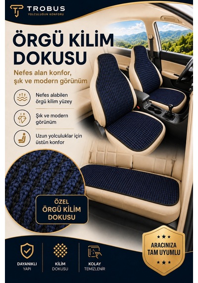 Renault Talisman 2016 Ve Sonrası Üniversal Örme 3 Parça Minder Terletmez Kaymaz Taban Lacivert Siyah