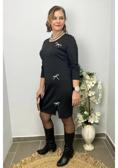 Mia Butik Kadın Siyah Broş Hediyeli Star Elbise Siyah