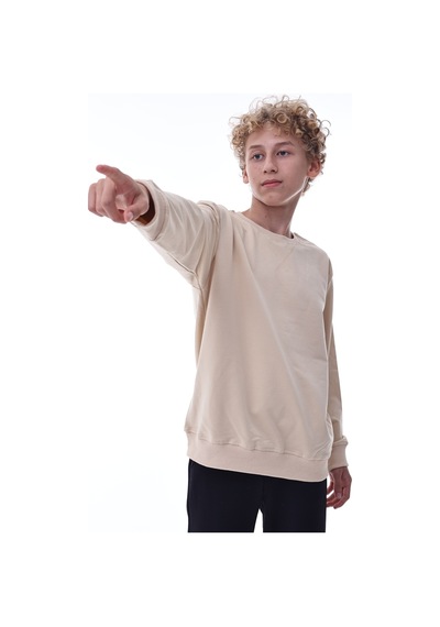 Bej Erkek Çocuk Sweatshirt Rahat Kalıp Pamuklu İki İplik Kumaş Bej