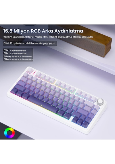 Aula F75 Mekanik Rgb Tkl Seiya Switch Kablosuz Makrolu Hot Swap Klavye Gradyan Mor