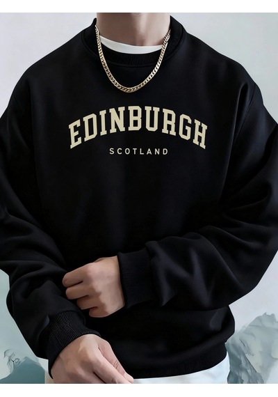 Startmore Tarzsokak Edinburgh Scotlano Mektup Baskıları Gevşek Polar Kapüşonlular Erkek Cep Bisiklet Yaka Eşofman Siyah
