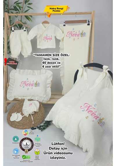 Gros Shop Müslin Yeni Doğan 4katlı Organik %100pamuk Kişiye Özgü Nakışlı Hastane Çıkış Seti Nota Model Ekru-1