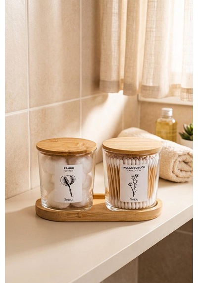 Bamio - Bambu Standlı Bambu Kapaklı Etiketli Banyo Düzenleyici Cam Banyo Seti Banyo Organizeri 2 'li Açık Ahşap