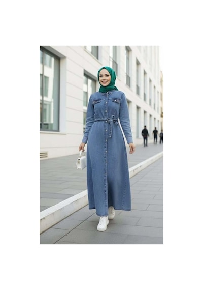 Hb Harma Time Butik Kadın Boncuk İşlemeli Düğmeli Kuşaklı Kot Mavi Elbise Mavi Mavi
