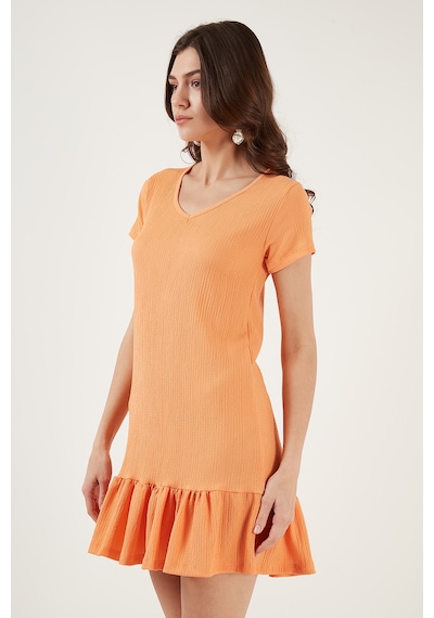 Lela Regular Fit Fırfırlı V Yaka Bürümcük Mini Bayan Elbise 5865071 Açık Oranj