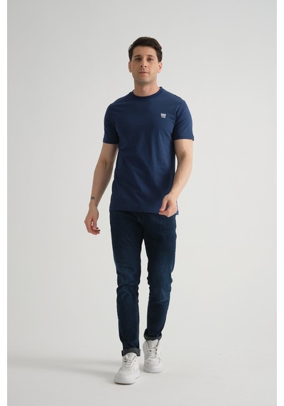 Shooter Sportwear Shooter Erkek Pamuklu Esnek T-shirt Standart Kalıp Minimal Logolu İndigo
