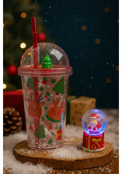 Yeni Yıl 2'li Hediye Seti Noel Geyikli Pipetli Suluk 450 Ml Ve Noel Baba Işıklı Kar Küresi 6.5 Cm Çok Renkli