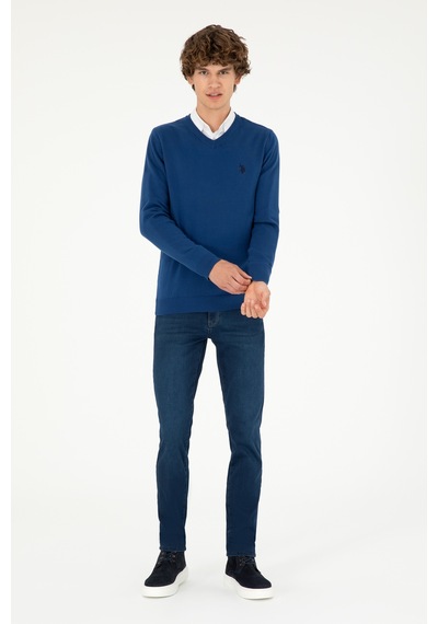 U.S. Polo Assn. Erkek Slim Fit V Yaka İndigo Basic Kazak 50293512-VR028