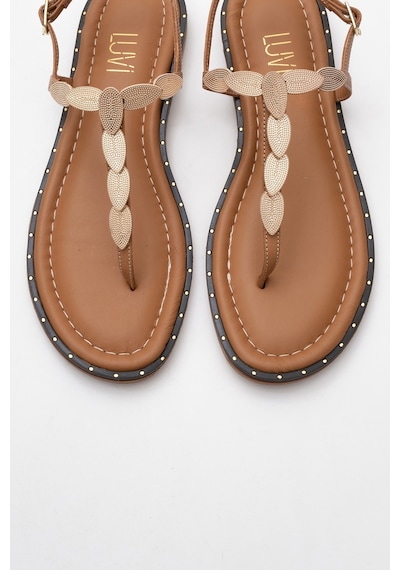 Luvishoes Luvi Shoes Marea Taba Hakiki Deri Parmak Arası Gold Tokalı Kadın Sandalet Taba