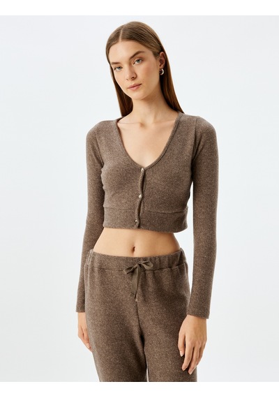Koton Uzun Kollu Düğmeli V Yaka Crop Örme Pijama Üstü Vizon 5wlk40187mk