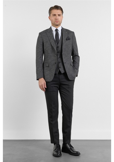 İmza Siyah-antrasit Mono Yaka 6 Drop Slim Fit Tam Astar Keten Karışımlı Takım Elbise 1001260150 Siyah - Antrasit
