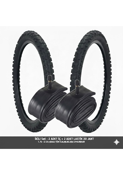 Güçlü Bisikletmotosiklet 20 Jant Lastik Seti - 2 Dış + 2 İç Lastik Oto Kalın Sibop - 20x1.75 / 2.125 Uyumlu