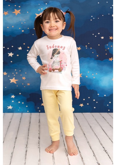 Pia Baby İsimli Kız Çocuk Pijama Takımı %100 Pamuk Penye İsme Özel Baskılı Kişiselleştirilebilir Pijama Seti 20941s14pi Krem