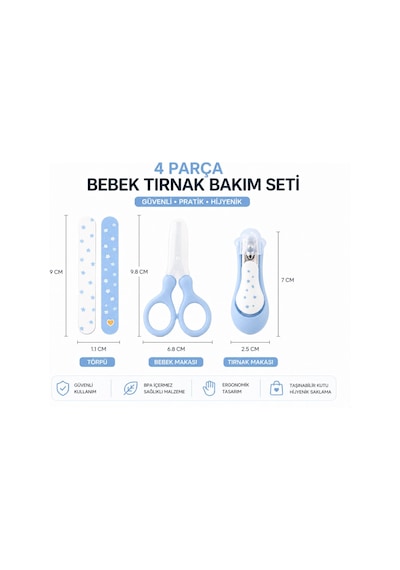 4 Parça Bebek Tırnak Bakım Seti Mavi Güvenli Makas, Tırnak Makası, Törpü Yenidoğan Bebek Bakım Seti
