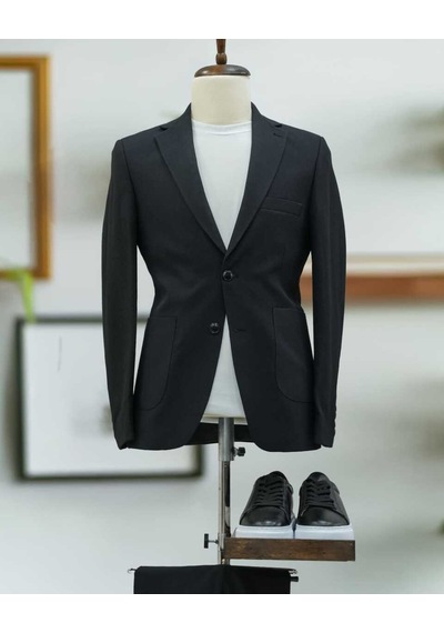Beystil Sivri Yaka Siyah Spor Casual Jogger Takım Gofre- Slim Fit Siyah