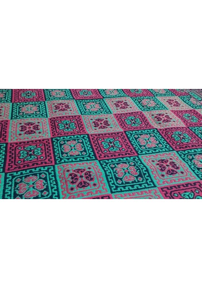 Çift Taraflı 3 Mekik Karo Desen Pamuklu Makine Dokuma Kilim Kırmızı - Yeşil - Siyah