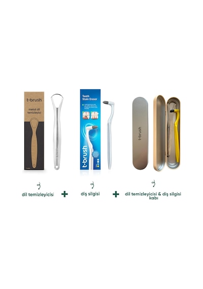 Tbrush Dil Sıyırıcı+Diş Silgisi+Metal Kap