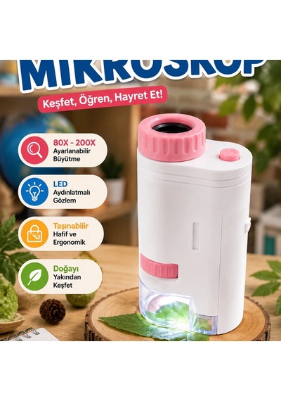 Led Işıklı Taşınabilir Mikroskop 80x-200x Ayarlanabilir Büyütmeli