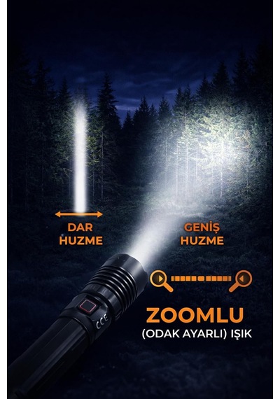 Tr 80w 8000 Lümen Zoomlu Şarjlı El Feneri, 18000 Mah Powerbank, Siyah