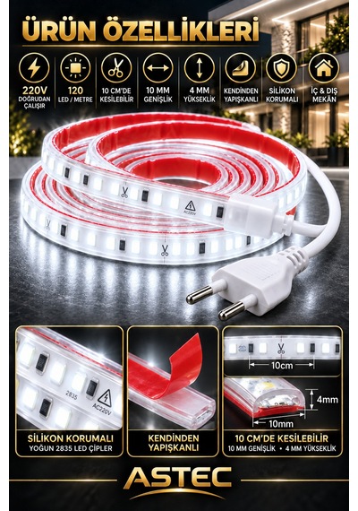 Astec Yapışkanlı 10 Metre Beyaz 220v Silikonlu Şerit Led Yüksek Güç Tak Çalıştır İç Dış Mekân Su Geçirmez