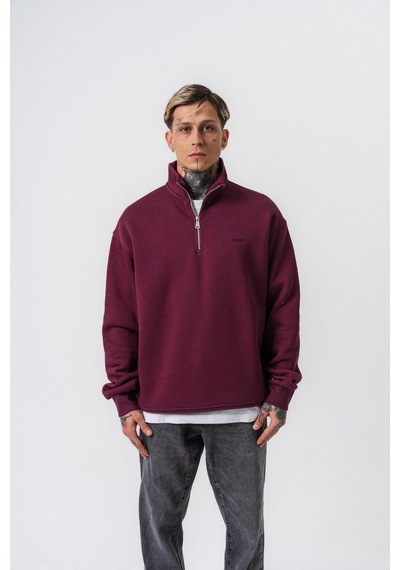 Erkek Respire Yazı Detaylı Yarım Fermuarlı Basic Sweatshirt Vişne Bordo