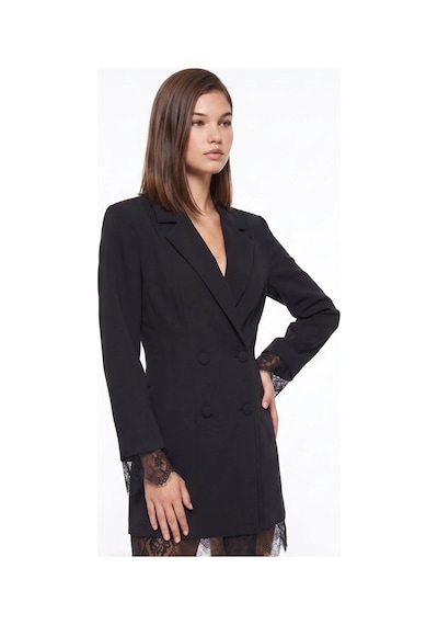 CEMO Dantel Detaylı Kruvaze Blazer Ceket Elbise Siyah