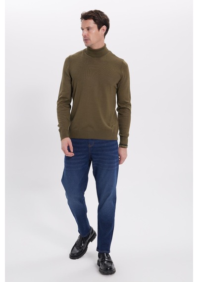 Tudors Erkek Slim Fit Tam Boğazlı Yaka Düz Yün Haki Triko Kazak-39414 Haki