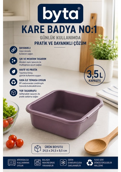 3,5 L Kare Plastik Badya No:1 Bpa İçermez Çok Amaçlı Gıda Hazırlama, Sebze Meyve Yıkama Ve Saklama Kabı Mavi Pembe Siyah 1 Adet Karışık Renk Gönderilir Mor